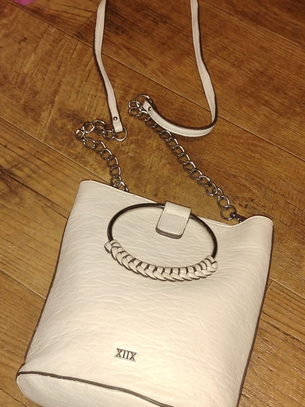 Cream Faux-Leather Crossbody with Braided Ring Accent